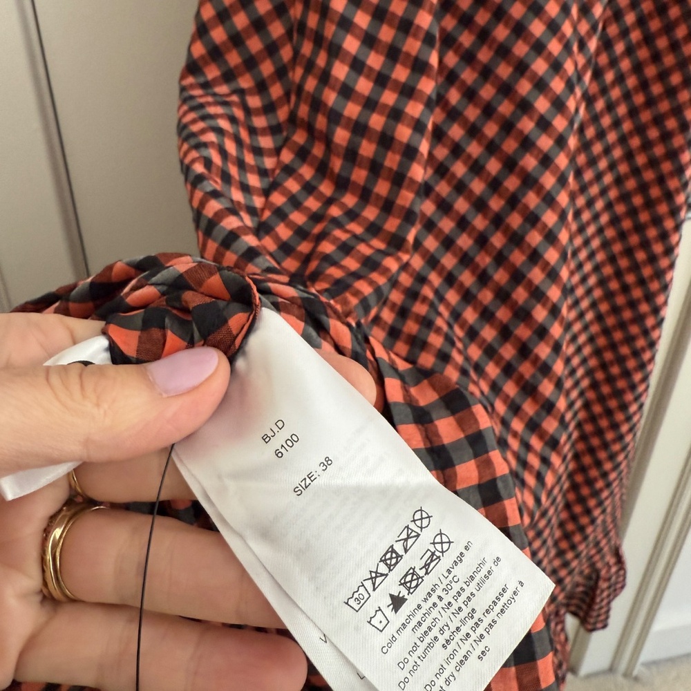 GANNI Seersucker Gingham Smocked Maxi Dress Rust Black 38 - Picture 9 of 9